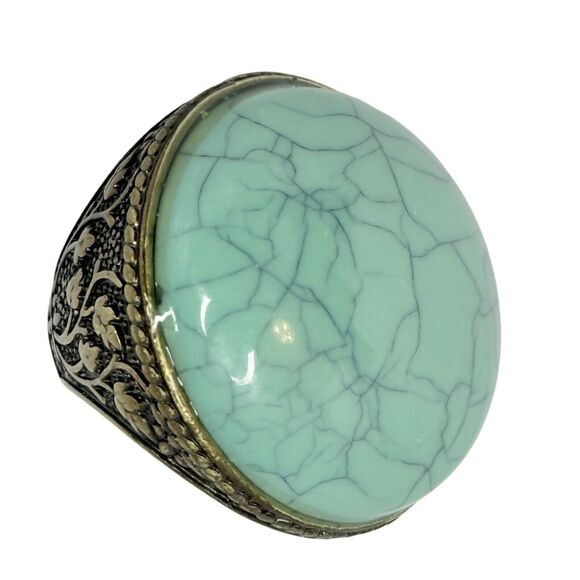 VTG Large Dome Round Faux Turquoise Filigree Brass Statement Ring Size 7 - Picture 6 of 13